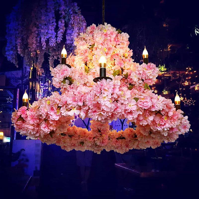9 Bulbs Suspension Light Rustic Candlestick Metallic Chandelier Light with Cherry Blossom Decor in Pink
