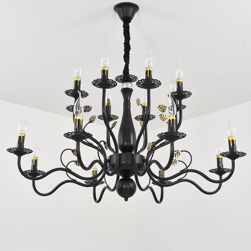 Metal Swooping Arm Hanging Chandelier Traditional 6/12/16 Lights Living Room Pendant Light in Dark Brown