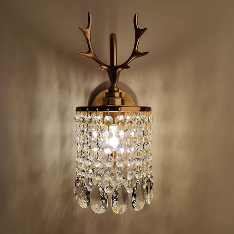 Copper Gold Wall Sconce in Modern Artistic Style Crystal 1-Light Wall Light with Antler Decoration