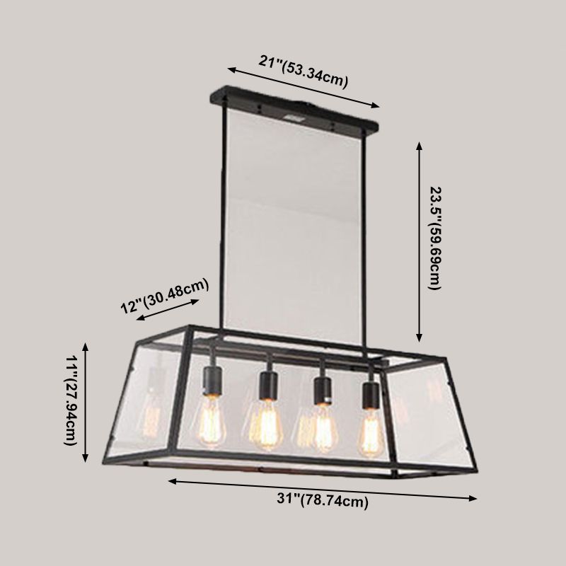 Glass Linear Island Light 4-Bulbs Industrial Dinning Room Pendant Lamp in Black