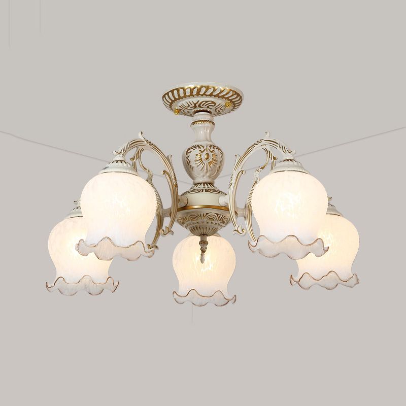 Blume Wohnzimmer semi Flush Rustikale Weiss Glas 3/5/6 Bulben Beige Flush Mount Light Halterung