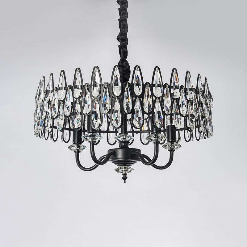 Black Teardrop Ceiling Chandelier with Drum Design Modernism 4-Light Faceted Crystal Hanging Pendant Lamp