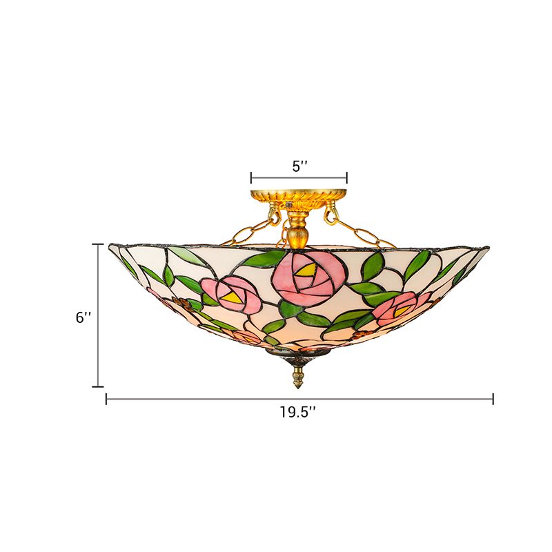 Pink and Green Bowl Flush Light with Rose Vintage Tiffany Stained Glass Flush Ceiling Light