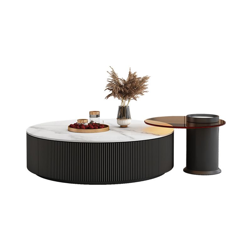 Slate Top Coffee Table Set Drum Cocktail Table with 2 Drawers