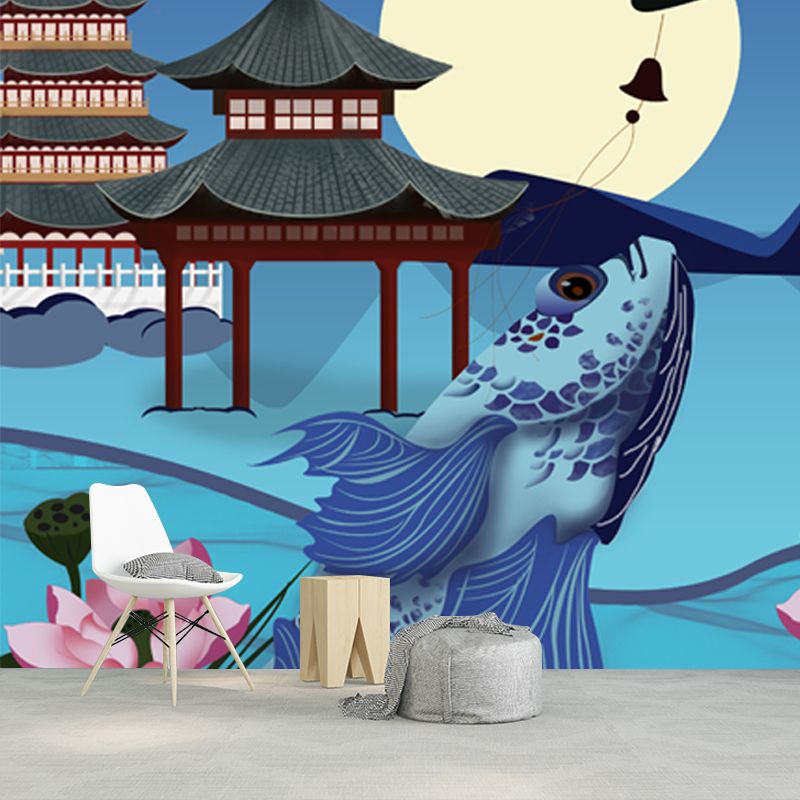 Chinoiserie Moon Night Pavilion Mural Blue Carp and Lotus Pond Wall Covering for Bedroom