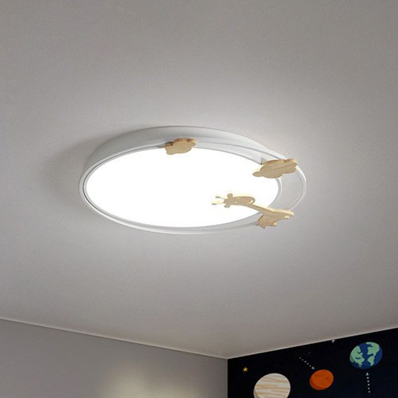 Circular Flush Mount Lighting Cartoon Metallic Kids Bedroom LED Flush Mount Fixture with Wooden Decor