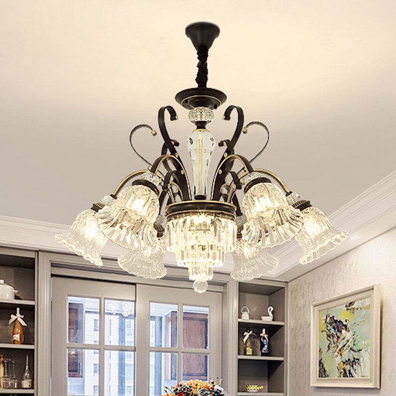 Traditional 6-Light Chandelier Clear Crystal Shaded Floral Ceiling Pendant Light in Black