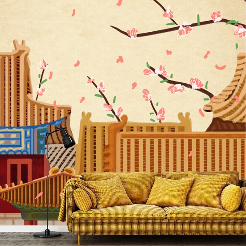 Whole Houses with Blossom Mural Decal Oriental Enchanting Construction Wall Art in Yellow