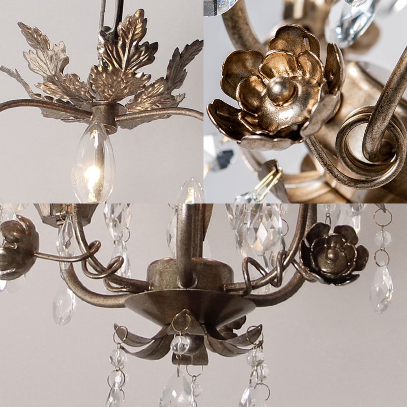Gold Spur Chandelier Lighting Modern Metal 3 Bulbs Pendant Light Fixture with Crystal Teardrop