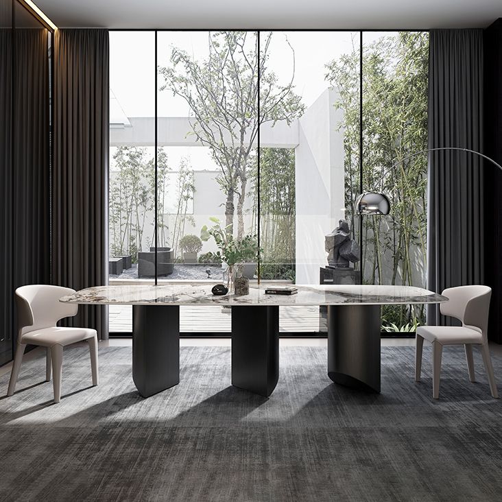 Modern Sintered Stone Table Set of 3/5 with Rectangle Table Dining Set with Black 3 Legs