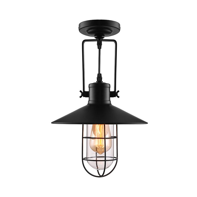 Nautical Cone Semi Flush Mount Lighting 1 Head Metal Ceiling Mounted Light with Cage Shade in Black