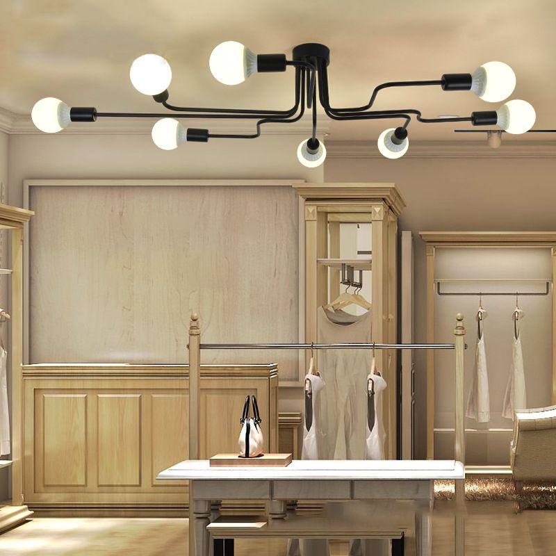 Industrielle Vintage-Deckenleuchte aus lackiertem, halbbündig montiertem, radialem Eisen in Schwarz