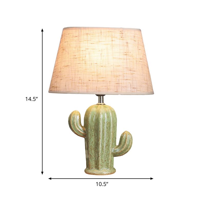Porcelain Cactus Shape Table Light Contemporary 1 Head Green Nightstand Lamp with Fabric Shade for Bedside