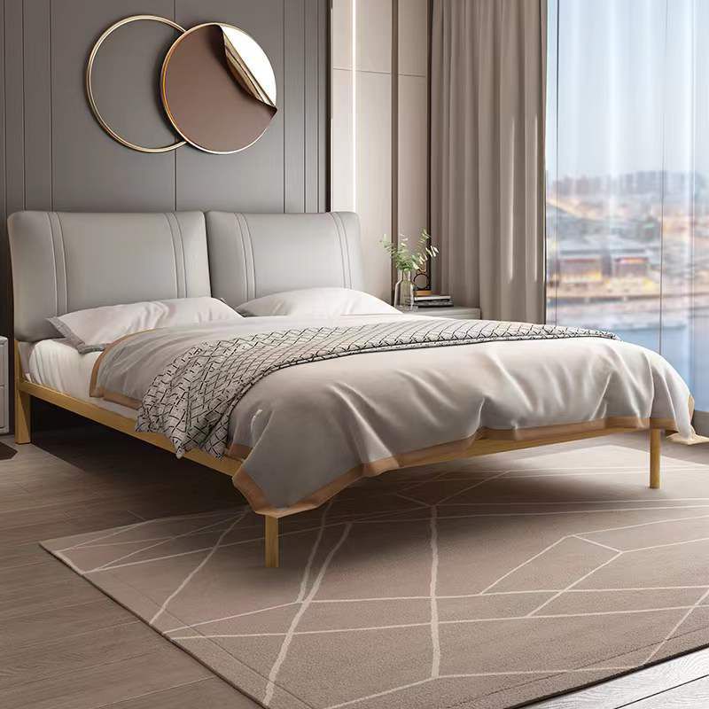 Genuine Leather Upholstered Panel Bed Natural 39.3" High Bed Frame