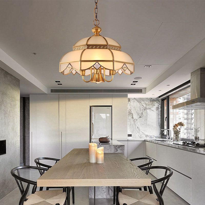 Brass 5 teste Lumo Luce Colonialismo Crema Crema Glass Dome Luce soffitto a sospensione per sala da pranzo