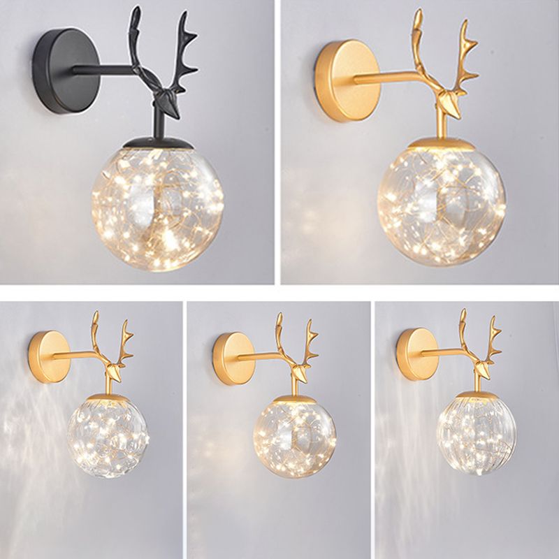 11.8" H Nordic Style Globe Glass Wall Lamp LED Light Strings Creative Antler Elements Lighting Fixture for Hallway Aisle