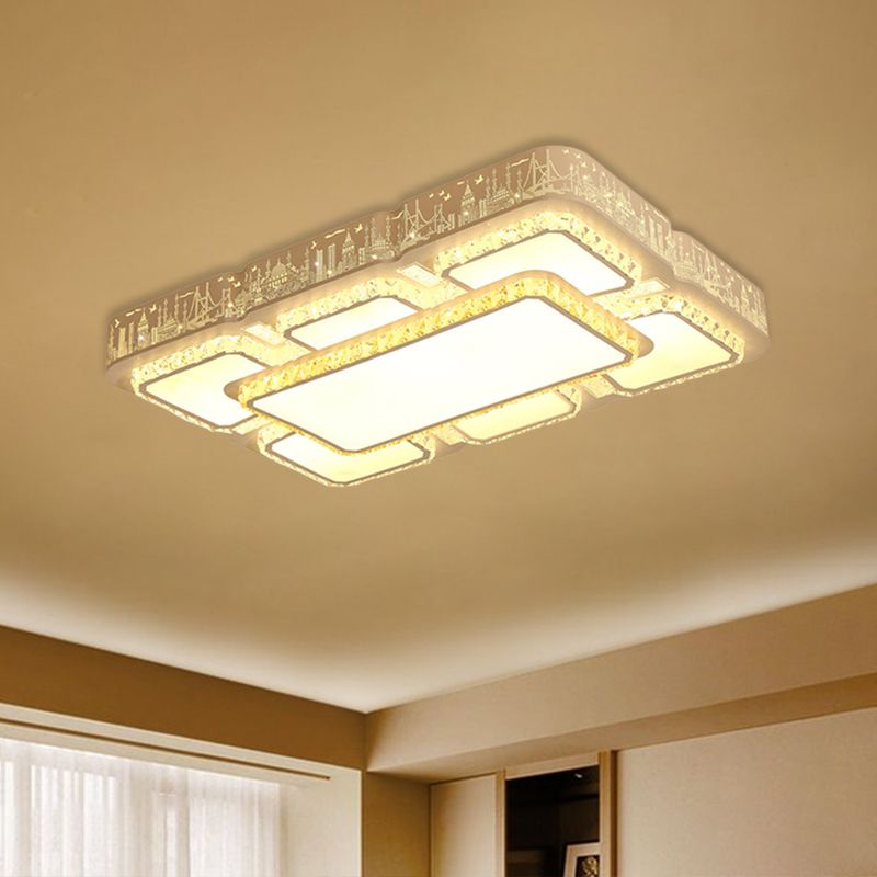 White Rectangular Flush Light Modernist LED Crystal Flush Mounted Lamp with Laser-Cut City Pattern