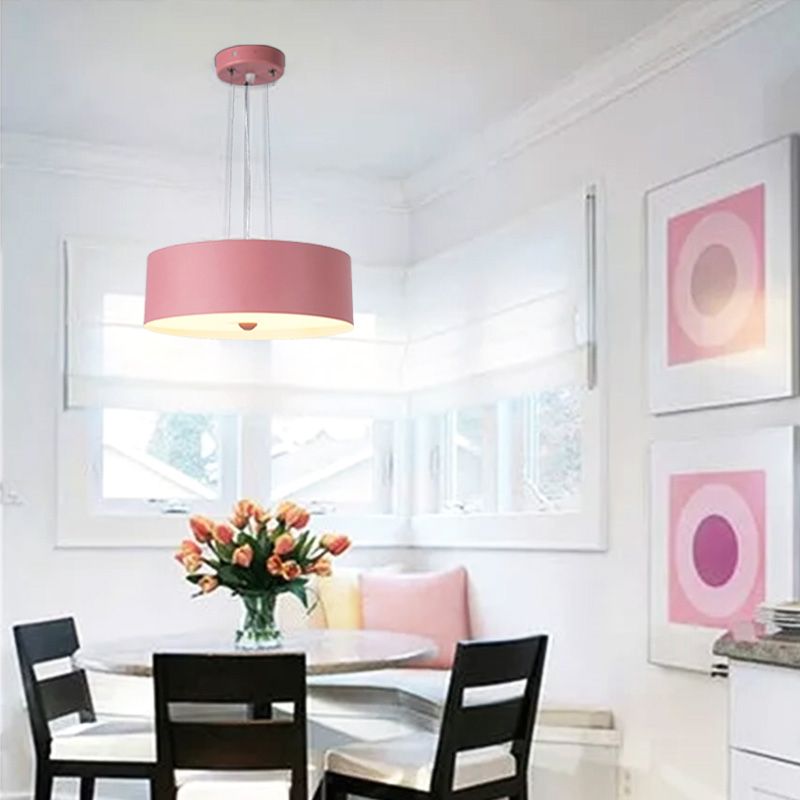 Contemporary Drum Metal Hanging Lamp Kit 11“/15"/18" Wide 1 Light Suspension Pendant in Pink