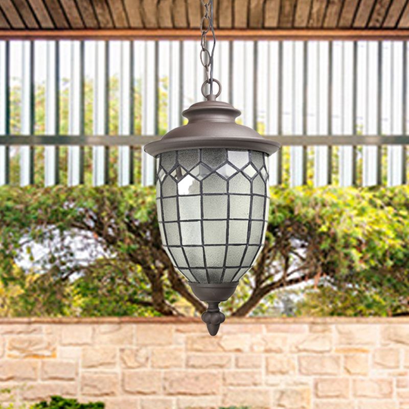 Coffee Dome Shade Ceiling Pendant Rustic Style Frosted Glass 1-Light Outdoor Hanging Light Kit with Grid Design