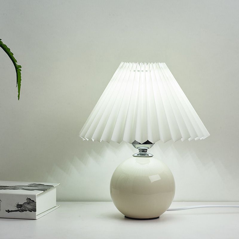 Globe Bedside Table Lamp Ceramic Modern Nightstand Lighting with Conical Pleated Shade