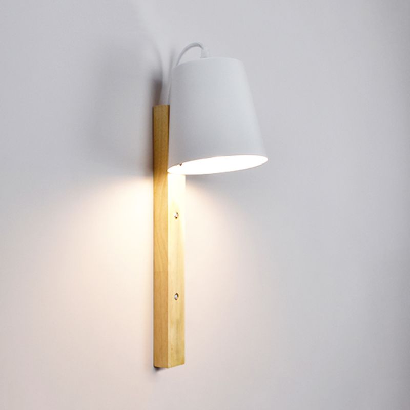 Metal Bell Wall Lamp Modern 1 Head Black/White Sconce Light Fixture with Rectangle Wood Backplate