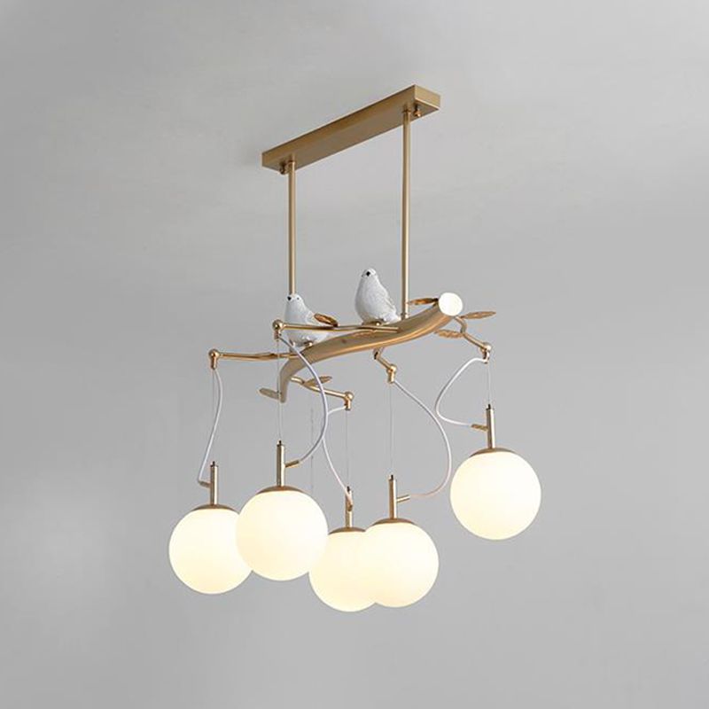 Milky Blown Glass Sphere Chandelier Pendant Postmodern 5 Heads Gold Finish Hanging Light Kit with Bird Deco
