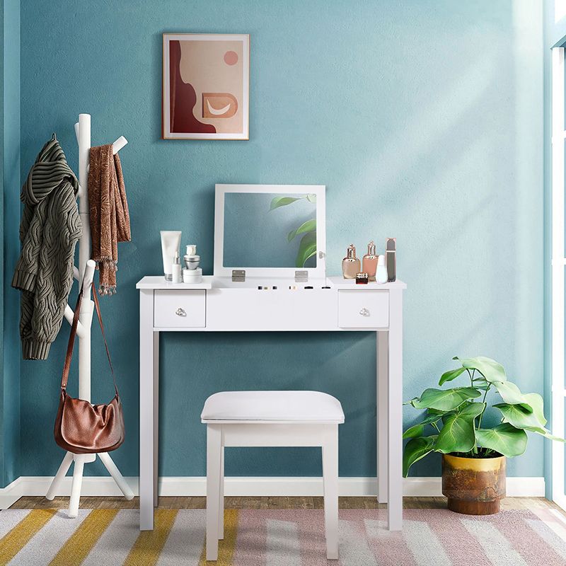 Flip Single Mirror Vanity Desk Double Drawers Straight Feet Dresser in White