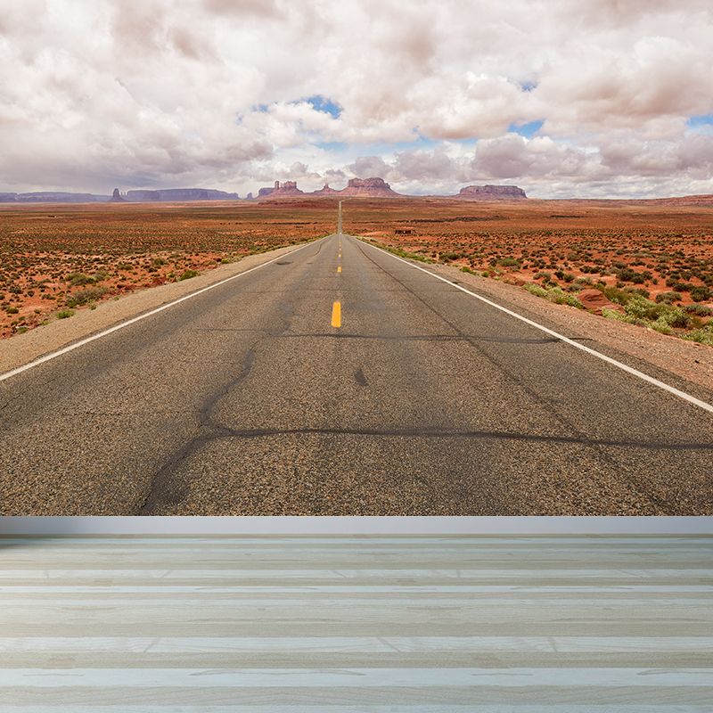 Full Size Photography Modern Mural Wallpaper with Highway and Grassland in Light Color