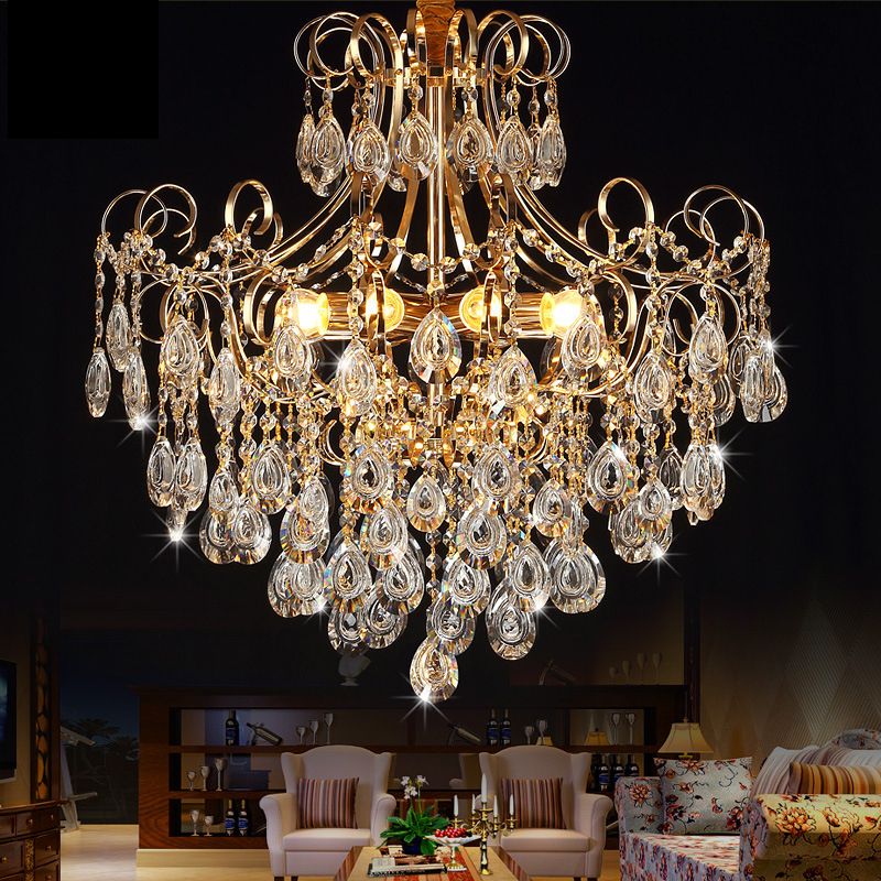 Flared Ceiling Light Fixture Postmodern Metal 5 Lights Gold Chandelier Light with Teardrop Crystal Accent
