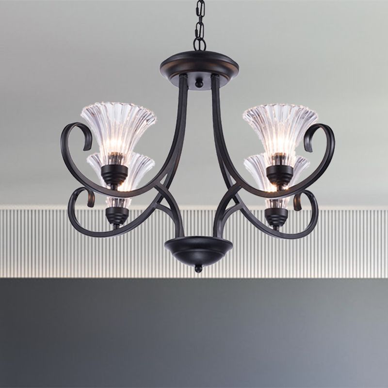 Bell Living Room Ceiling Chandelier Traditional Clear Ribbed Glass 4/6/8 Lights Black Hanging Fixture