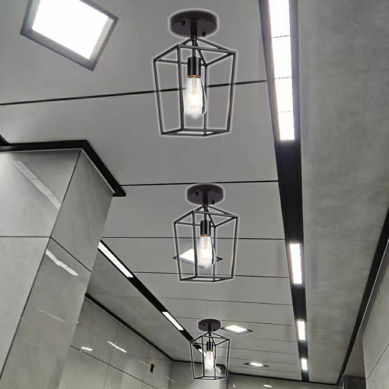 Single Bulb Iron Frame Ceiling Light Industrial Vintage Style Mini Flush-mount Lighting Fixture in Black