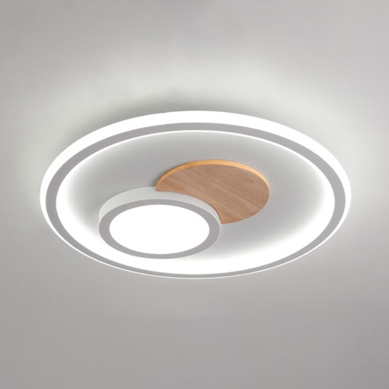White Round Flush Light Modern Wood LED Ceiling Light Fixture for Bedroom