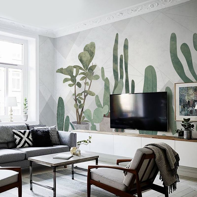 Fresh Cactus Wall Covering for Living Room in Pastel Green, Personalized Size Available