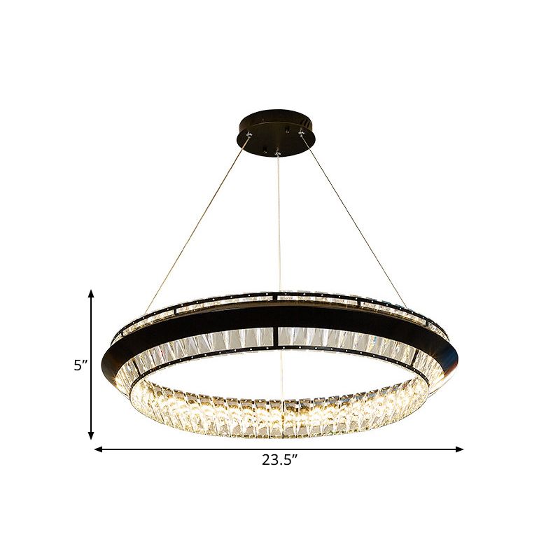 Contemporary Style Ring Chandelier Lighting Rectangle-Cut Crystal LED Pendulum Lamp in Black