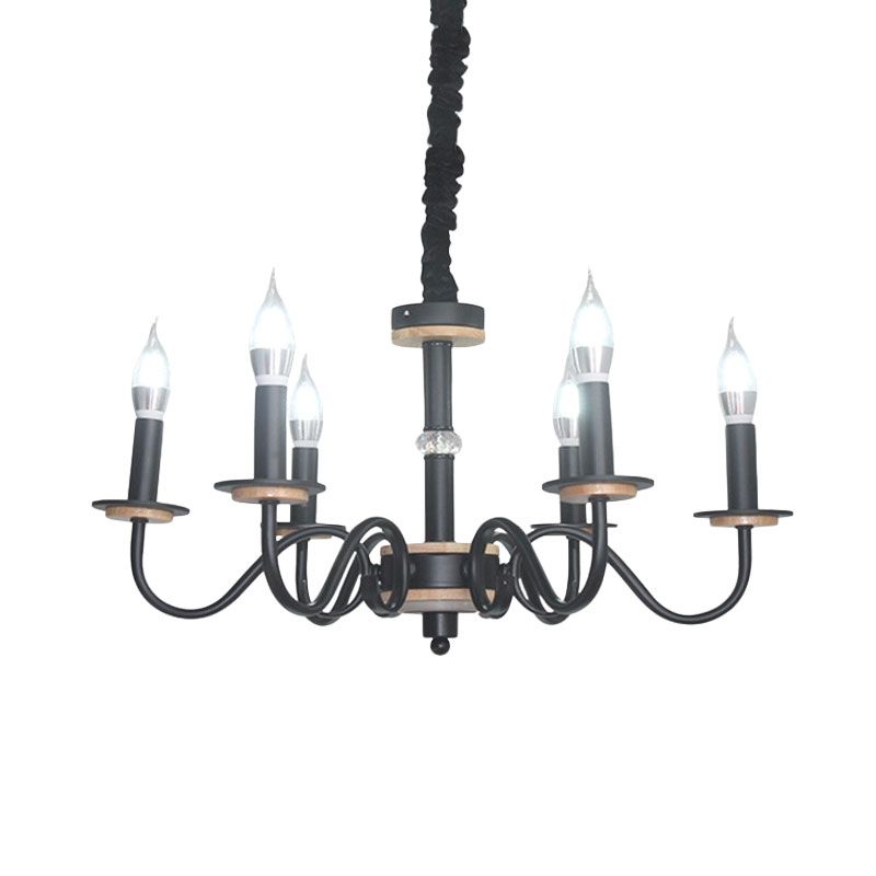 Vintage Candle Shape Pendant Chandelier 6 Heads Metallic Swooping Arm Suspension Lighting in Black for Living Room