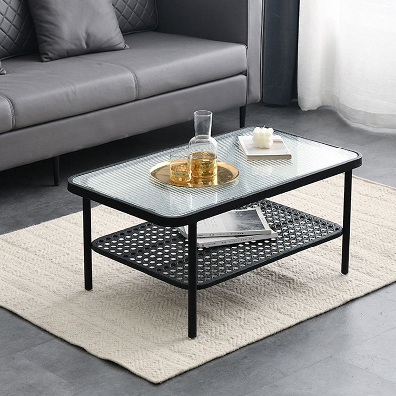 Glass Modern Rectangular Coffee Table with Shelf 4 Legs Cocktail Table