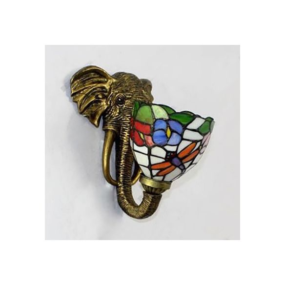Bowl Sconce Lighting with Elephant Design and Flower/Morning Glory/Dragonfly/Blue Flower Pattern Lodge Style Stained Glass Wall Lamp in Brass