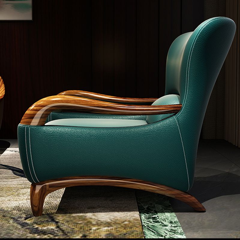 Traditional Wood Living Room Armchair Real Aniline Leather Accent Armchair