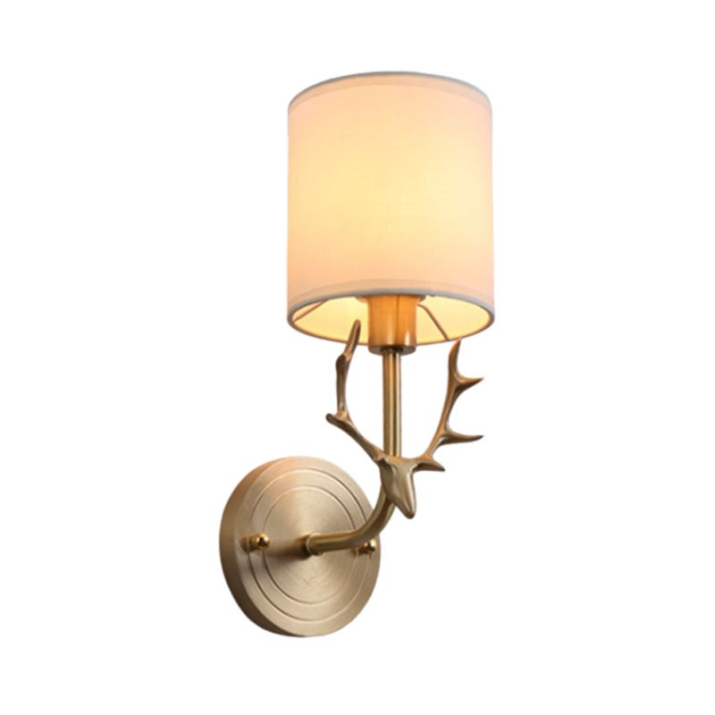 Modernism 1/2 Lights Wall Sconce with Fabric Shade Black/Gold Cylinder Wall Mount Light Fixture with Metal Antler