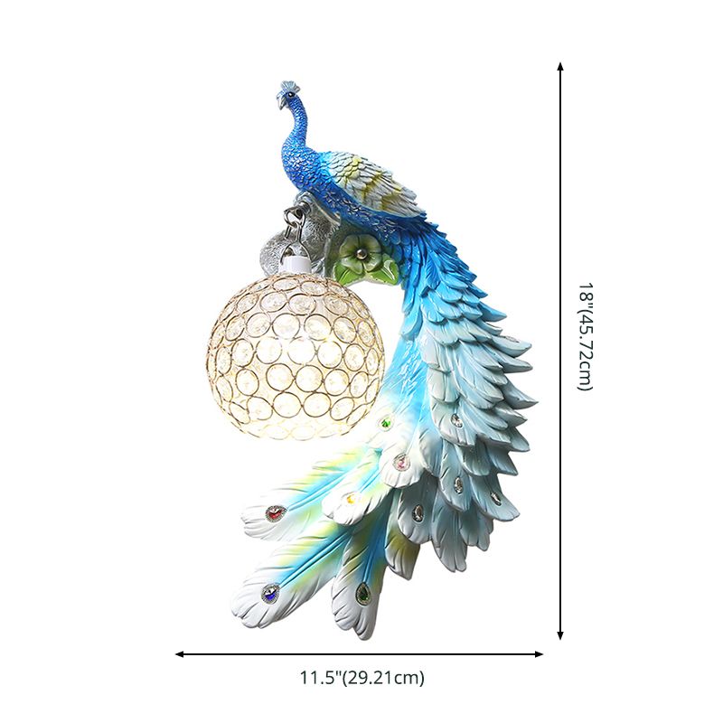Peacock Wall Sconce Art Decor Resin 1-Light Living Room Wall Lamp with Spherical Crystal Shade