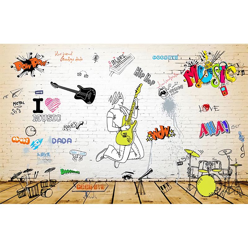 Big Graffiti and Brick Mural for Bedroom Guitar Wall Decor in Yellow for Gym