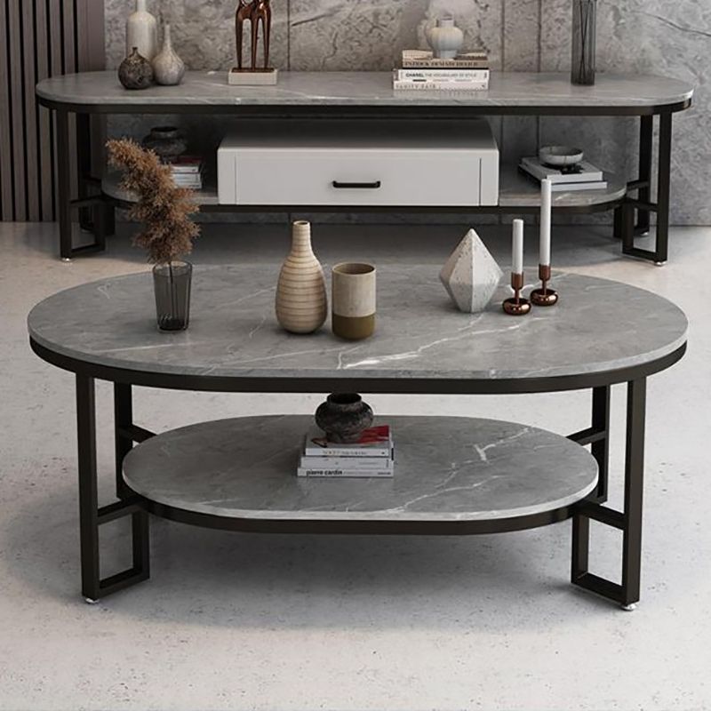 Rectangle Slate Coffee Table Abstract Coffee Cocktail Table with Shelf