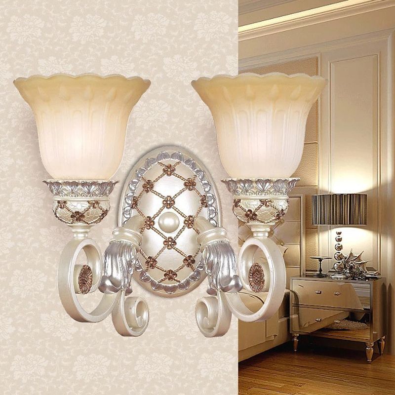 French Country Blossom Wall Sconce 1/2-Light Opaline Glass Wall Lighting Idea with Swirl Arm in Gold