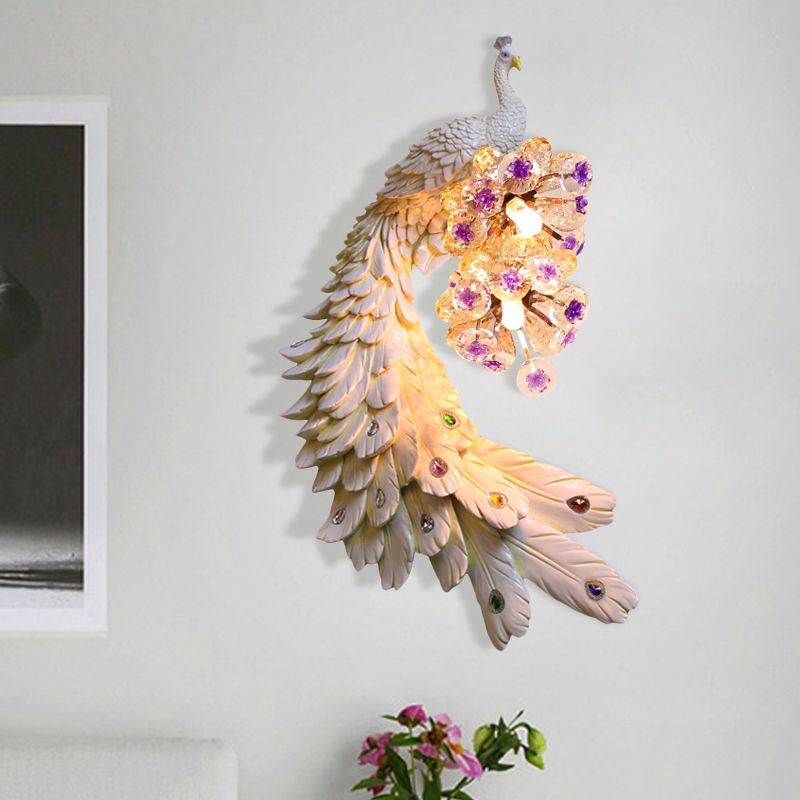Lámpara de pared de la pared del dormitorio de pavo real resina rural 2 luces de iluminación de pared blanca/verde/dorada con decoración de la bola de cristal floral, izquierda/derecha