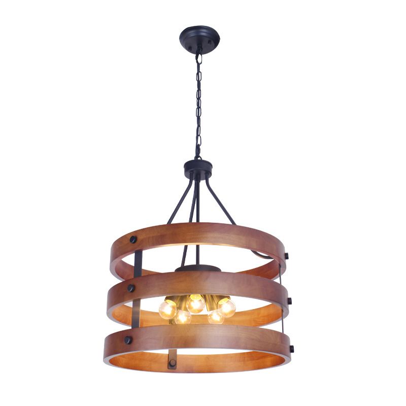 Brown 5 Heads Chandelier Lighting Rustic Wooden Round Suspension Lamp for Dining Room