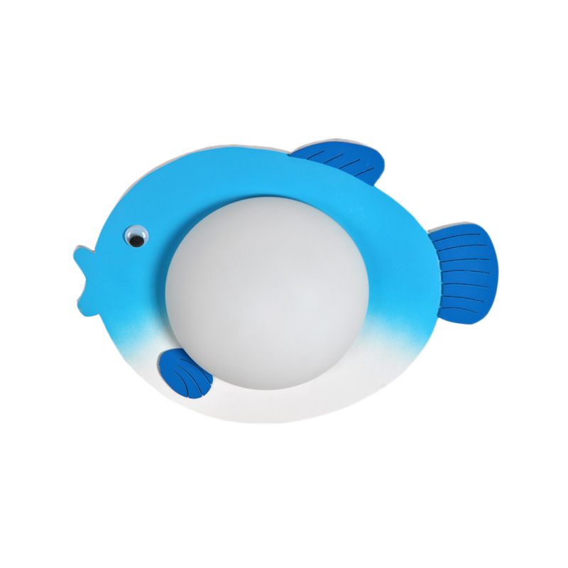 Frosted White Glass Mini Sphere Sconce Kids Blue/Yellow LED Wall Light Fixture with Fish Backplate, Warm/White Light