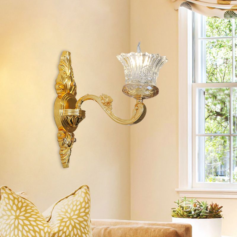 Single Bulb Crystal Glass Sconce Simple Gold Flower Corridor Wall Light with Swooping Arm