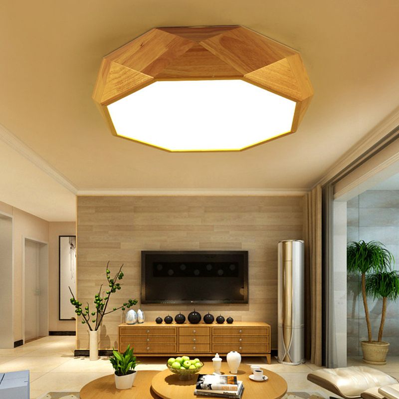 Wood Faceted Octagonal LED Flush Mount Light Nordic Flush Mount Ceiling Light for Living Room