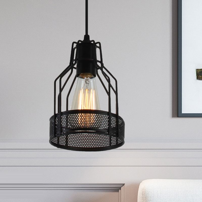 Caged Restaurant Pendant Lighting Antique Industrial Metal 1 Bulb Black Hanging Fixture with Mesh Screen