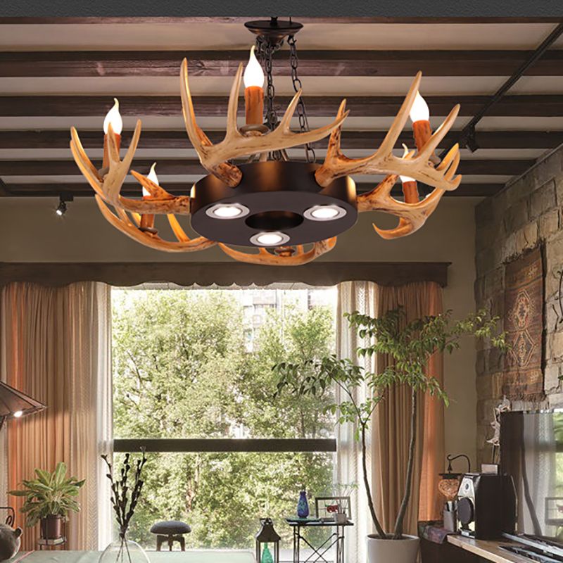 6-Light Antler Chandelier Light Farmhouse Brown Resin Suspension Pendant for Living Room